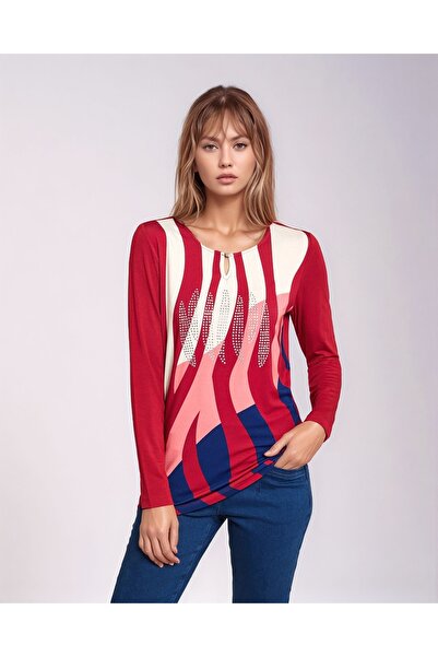 MAMAYAGA Women's Crew Neck Stretchy Patterned Stone Viscose Long Sleeve Curve Plus Size Blouse