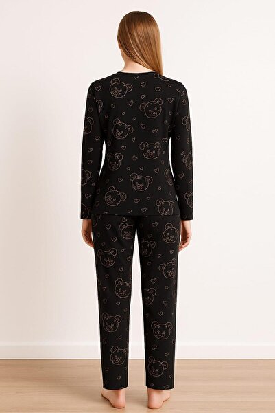 Pemilo Women's 0327 Long Sleeve Patterned Suede Pajama Set Black