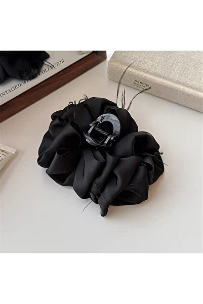 Pelin Aksesuar Black Satin Fabric Feathered Large Flower Clasp Buckle