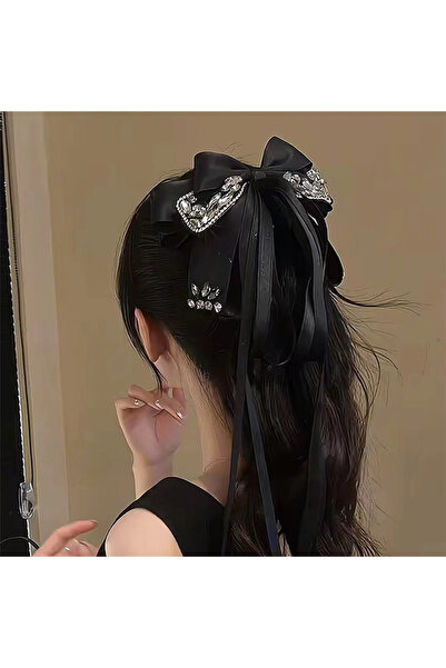 Pelin Aksesuar Siyah Çoklu Kurdeleli Kristal Taşlı Lüks Fiyonk Toka