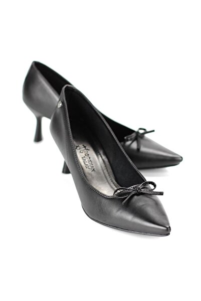 Gökhan Talay Ellyn Flexible Soft Non-Slip Sole (4 cm) Black Skin Thin Mustache Bow Women's Heeled Shoes