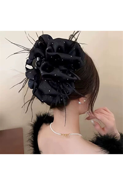 Pelin Aksesuar Black glitter and feathered large flower hair clip