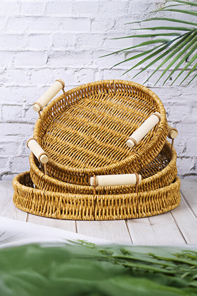 Home Ravera Rattan Decorative Presentation Serving Tray 36 cm Round Tray with Wooden Handle