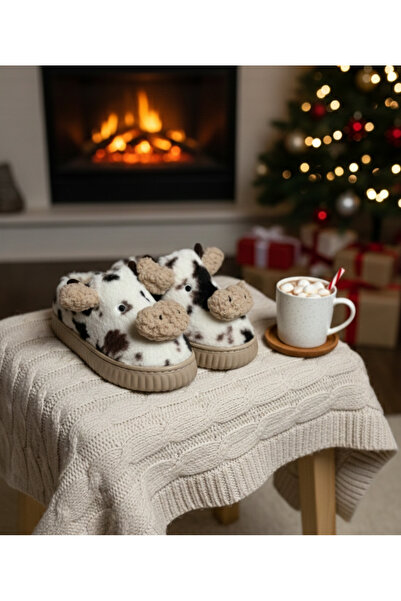 Lesia Peluş Tatlı İnek Desenli Yumuşak Kaymaz Taban Ev Terliği