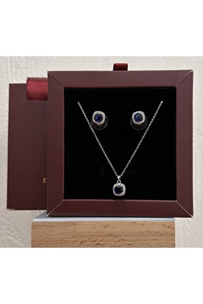 ela jewelry Mavi Yuvarlak Taşlı ve Zirkon Çevreli Kolye Küpe Seti