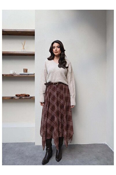 modadagiyim Women's Plaid Patterned Wrinkled Effect Lined Asymmetrical Midi Chiffon Skirt