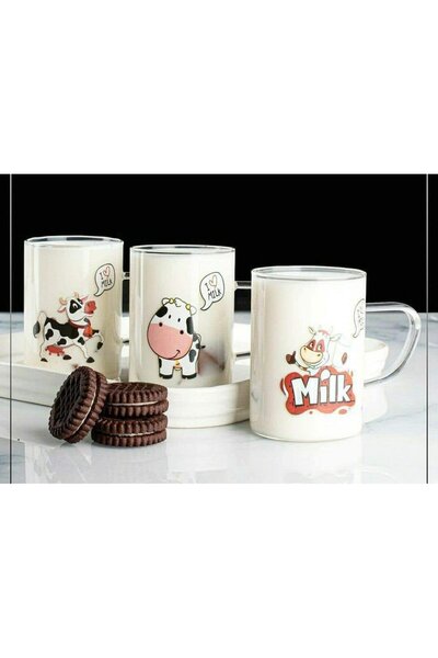 EbruliHomeArt 3LÜ TERMOSİLİKAT CAM FİGÜRLÜ SÜT KUPASI 200ML