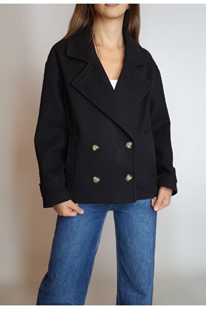 oyagüler Women's Black K Double-Breasted Pocket Short Coat Yy101290