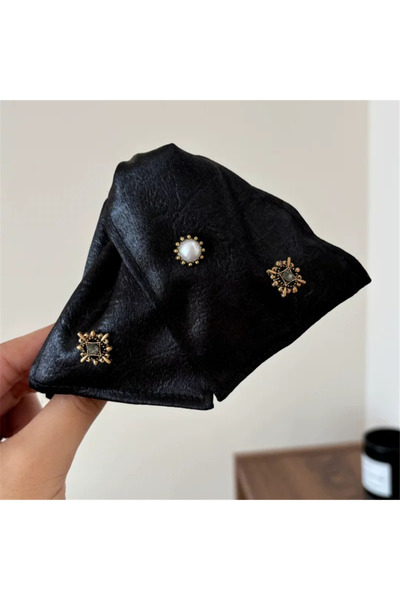 Pelin Aksesuar Μαύρος φιόγκος με εφέ δέρματος πέτρες και πέτρες