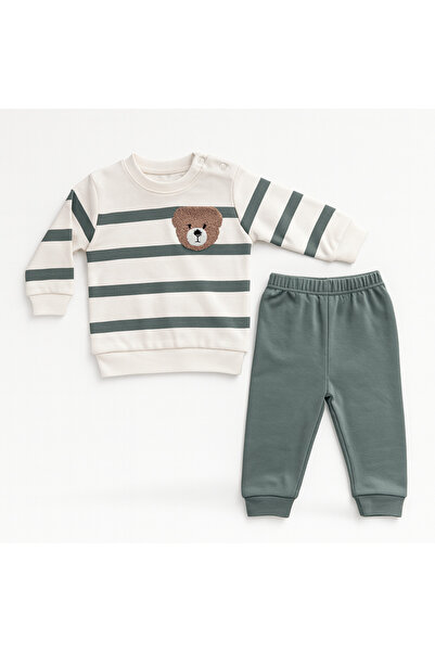 mini mia Bear Embroidered Striped Baby 2-Piece Set – Sweatshirt and Bottoms, Everyday Comfort