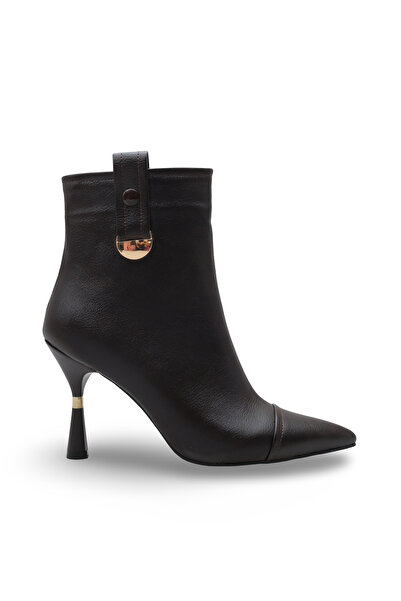 Women Lay-z Women's Brown Leather Boots, 9.5 cm Heel, Stylish Model with Pointed Toe Design, Gold Buckle and Heel Detail.