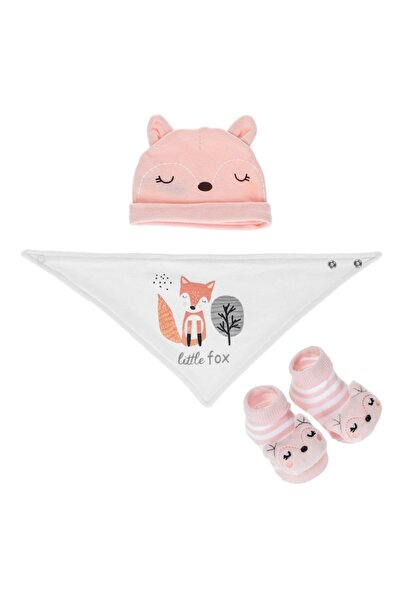 Tessari Set căciulă, bavetă și șosete cu model 3D de vulpe - roz și alb