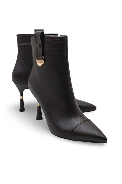 Women Lay-z Women's Brown Leather Boots, 9.5 cm Heel, Stylish Model with Pointed Toe Design, Gold Buckle and Heel Detail.