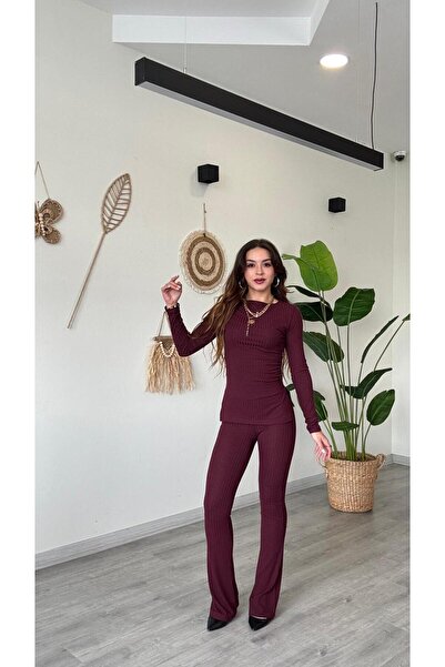 modadagiyim Burgundy Knitted Blouse-Pants Bottom Top Two-Piece Knitwear Set