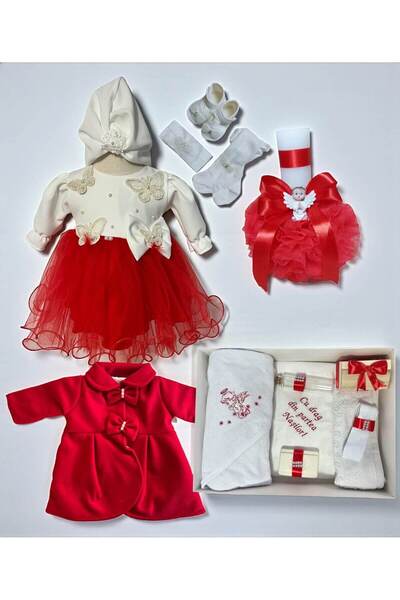 Botez Set complet fetita Carina - rosu cu palton