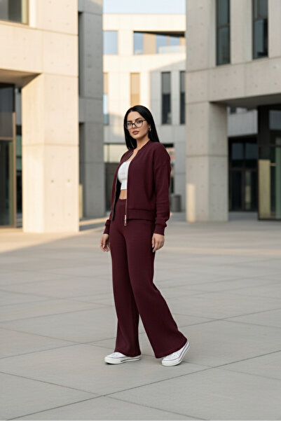 EYLANA Plum Fleece-Lined Knit Pants Bomber Jacket Women's Set