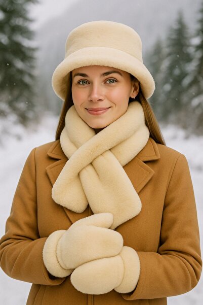 HAZAL KAYA ATELIER Beige Soft Textured Plush (Hat+Neck Collar+Gloves) Set of 3