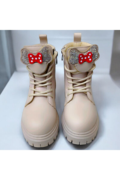 PATİK BEBE Girl's Beige Color Zippered Style Children's Boots with Bow-Tie Figure