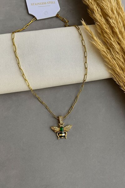 rycollections قلادة نحلة من الفولاذ 316L مع حجر الزركون الأخضر الزمردي