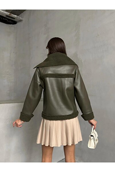 Hazinedan Women's Green Zippered Leather Fur Collar Short Coat