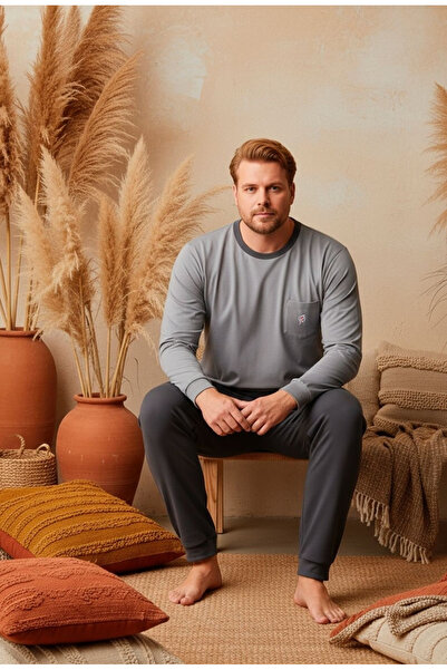 embody Men's cotton interlock long pyjamas, large size, grey 3012