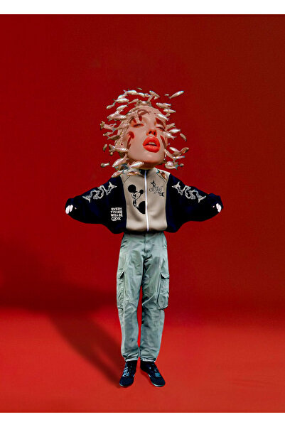 melongeneco Siyah ve bej renk karışımlı oversıze ceket özel tasarım bomber fe...