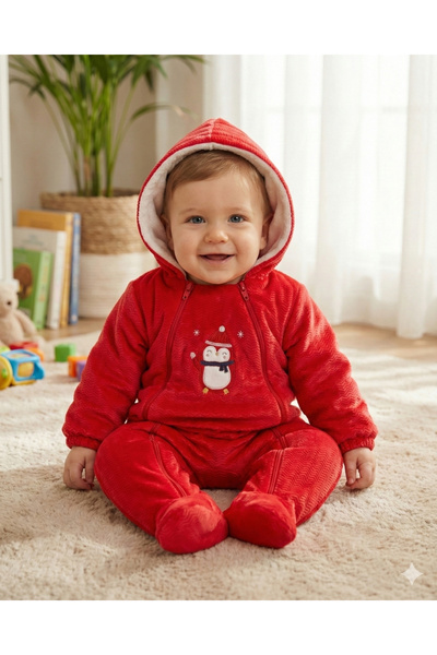 Asliva fashion Asliva Kırmızı Penguen Nakışlı Kadife İçi Peluş Welsoft Çift F...