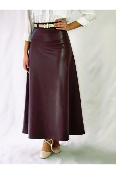 YAXİ Belt-Detail Maxi Size Loose Cherry Crush Color Leather Skirt