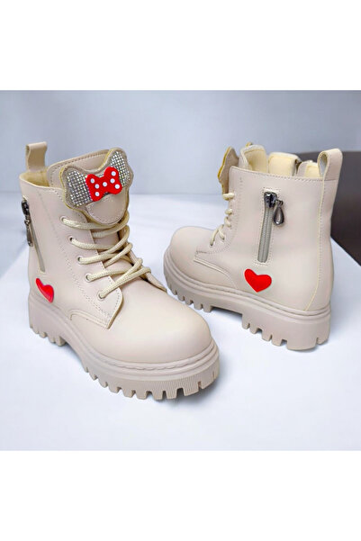 PATİK BEBE Girl's Beige Color Zippered Style Children's Boots with Bow-Tie Figure