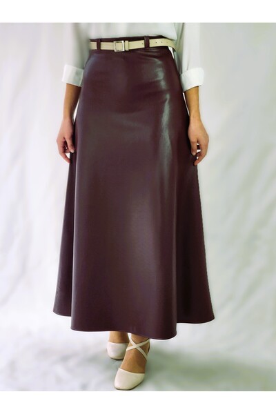 YAXİ Belt-Detail Maxi Size Loose Cherry Crush Color Leather Skirt