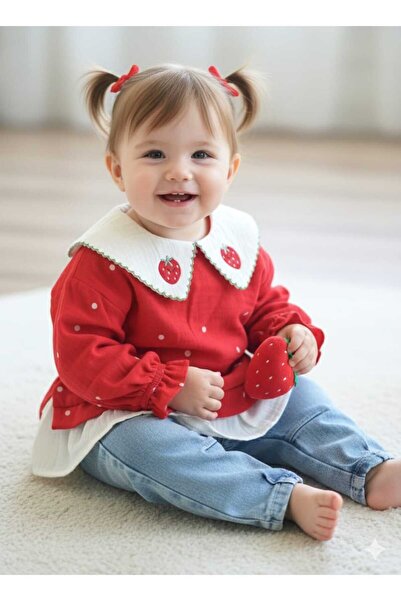 Necix's Laura Baby Çilek Desenli Puantiyeli Kotlu Kız Bebek Çocuk Alt Üst Takım
