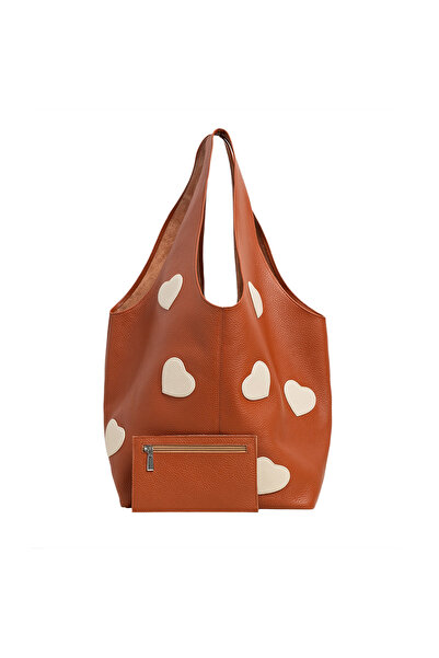 LAURA OLARU Camel SACK Bag with Cream Hearts