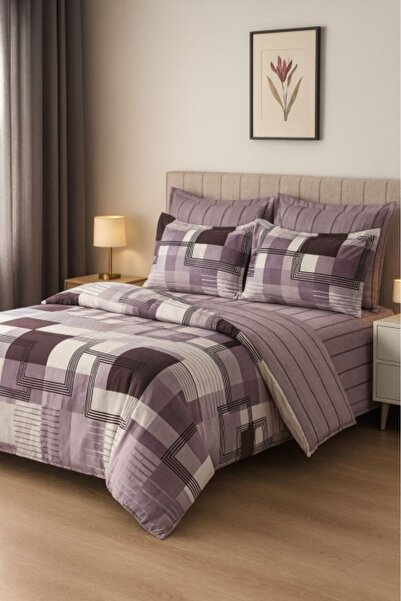Casa Pucioasa 6-piece Cotton Finet Bed Linen Set - Modern Geometric Purple & Lilac