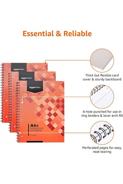 Amazon basics Spiral Notebook, 200 pages (100 sheets), A4+, 80gsm, Red, Pack of 3