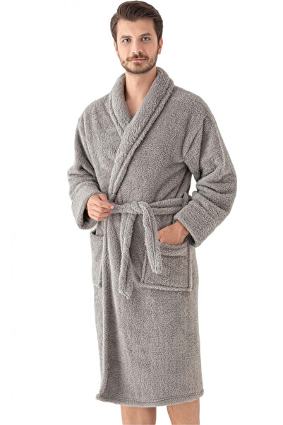 embody Men's cocolino dressing gown, soft and fluffy material, with pockets, grey