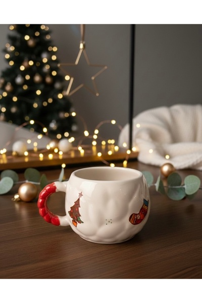 Kotium Ceramics Çam Ağacı Sarmal Desenli Kupa Yılbaşı Özel Dokulu Tamamıyla El Yapımı Seramik Kupa