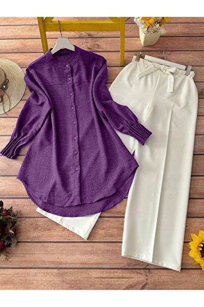 Modamorfo Sleeve Cuff Draped Oval Cut Shirt -Purple