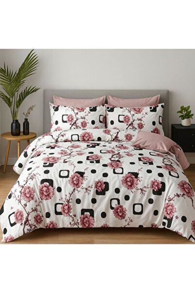 Casa Pucioasa Finet Cotton 6-Piece Bedding Set - Powder Pink Floral with Black Graphic Accents