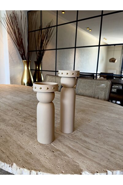 Ogia Concept Creamy Doğal Ahşap Şamdan / Mumluk 2'li Set 23 Cm & 27 Cm