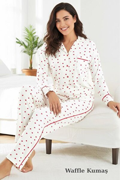 Modella Life Waffle Fabric Patterned Long Sleeve Pocket Knitted Women's Pajam...