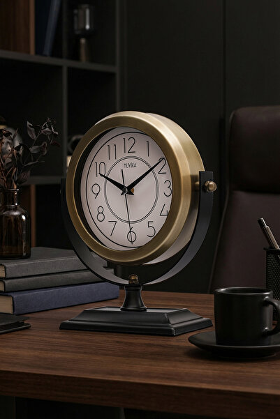 Muyika Design Gold Metal Masa Saati – Sessiz Mekanizma, Hareketli Üst Kısım, Dijital Baskı Kadran-Ruccia Gold