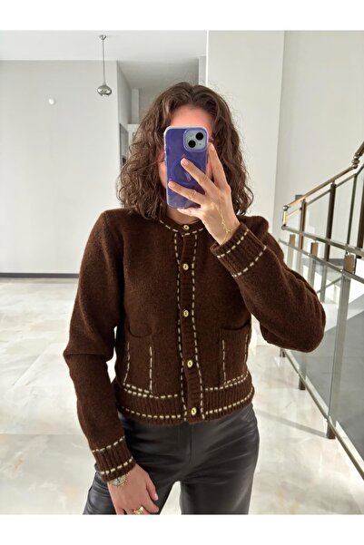 Sude Kızanlıklı Piped Detail Pocket Soft Knit Cardigan