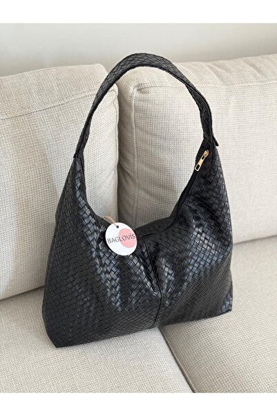 BAGLOVİS Plain Leather Detail Black Women's Shoulder Bag En40 Boy27