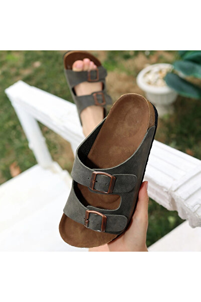 ZENGEZUR MALL Drnds Rıno Khaki Green Nubuck Slippers (221028) (Size: 37)