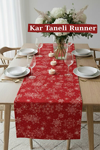 KAMİZ Red Snowflake Runner Stain and Liquid Repellent