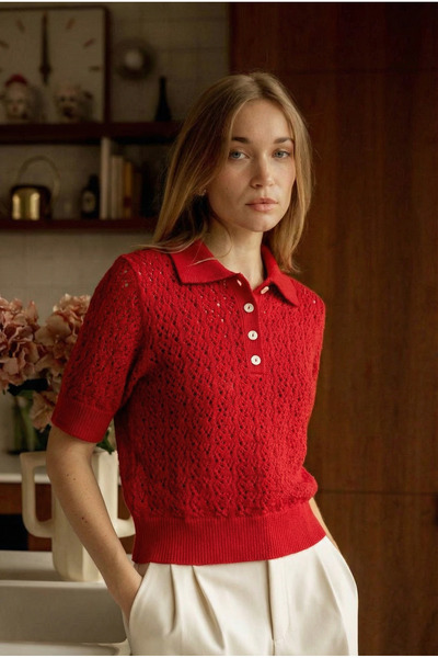 FEMELLE Women's Short Sleeve Buttoned Lace-Like Knit Knitwear Blouse