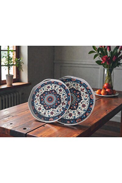 Canbay Store 2 li Ada Mavi Kilim Desenli Tepsi Sunum Tepsisi