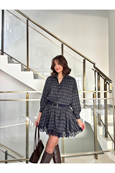 Sude Kızanlıklı Lace Detailed Plaid Pattern Skirt Shirt Set