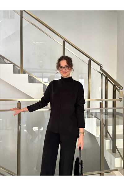 Sude Kızanlıklı Turtleneck Sweater Pants Knitwear Set