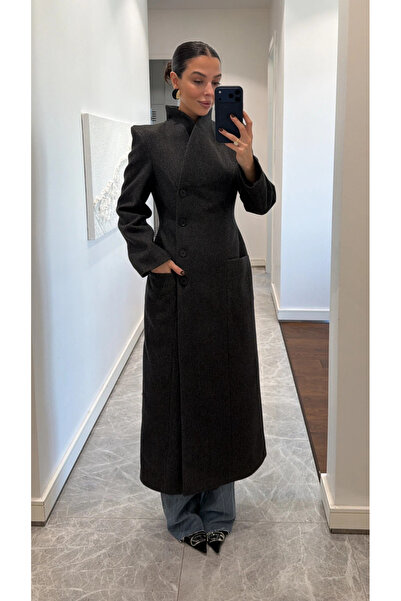 My Blog Anthrazitfarbener Premium-Mantel mit langer Taille – 2825